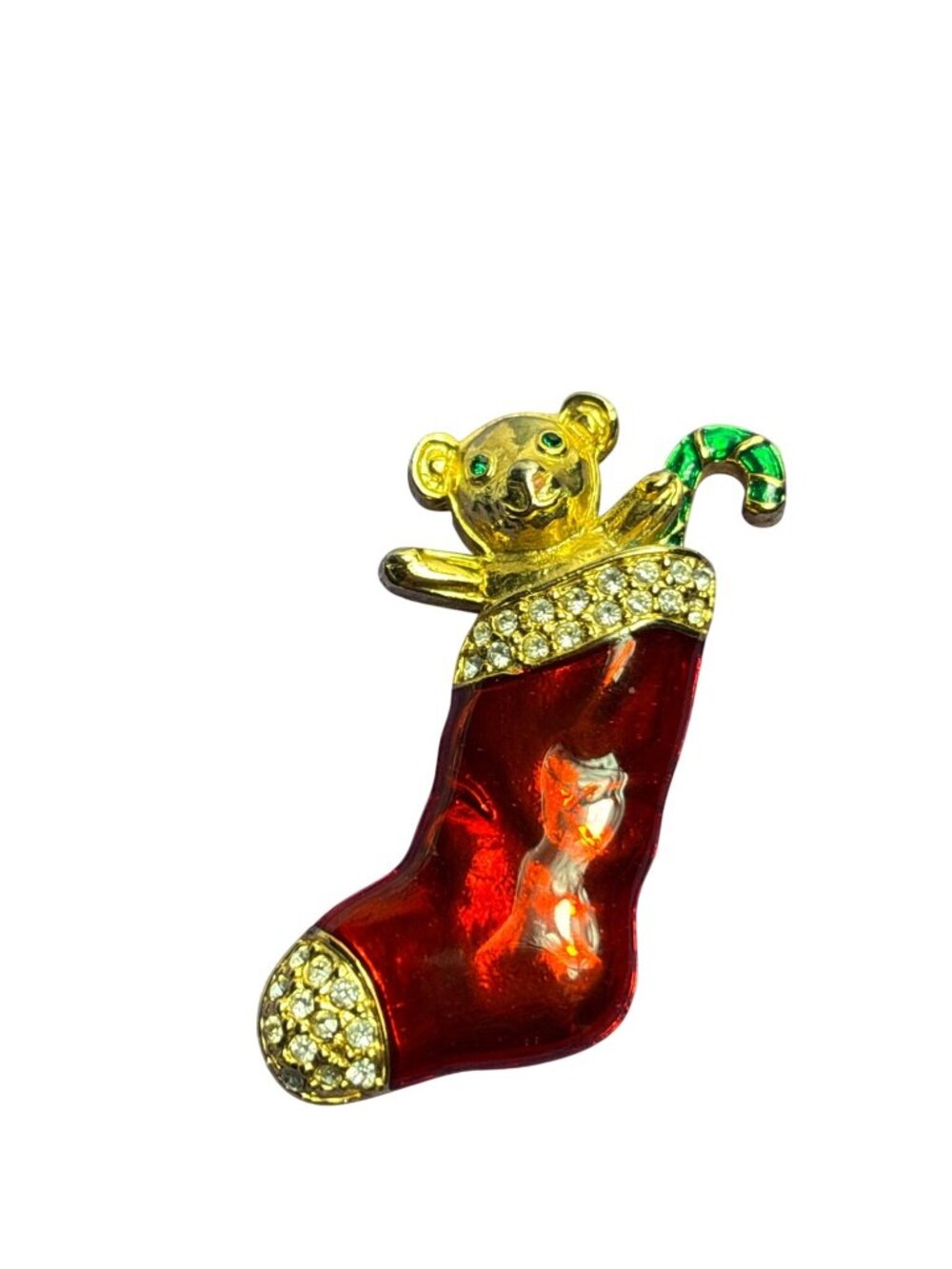 Vtg Christmas Stocking Brooch Pin Red Green Enamel Rhinestone Pave Teddy Bear